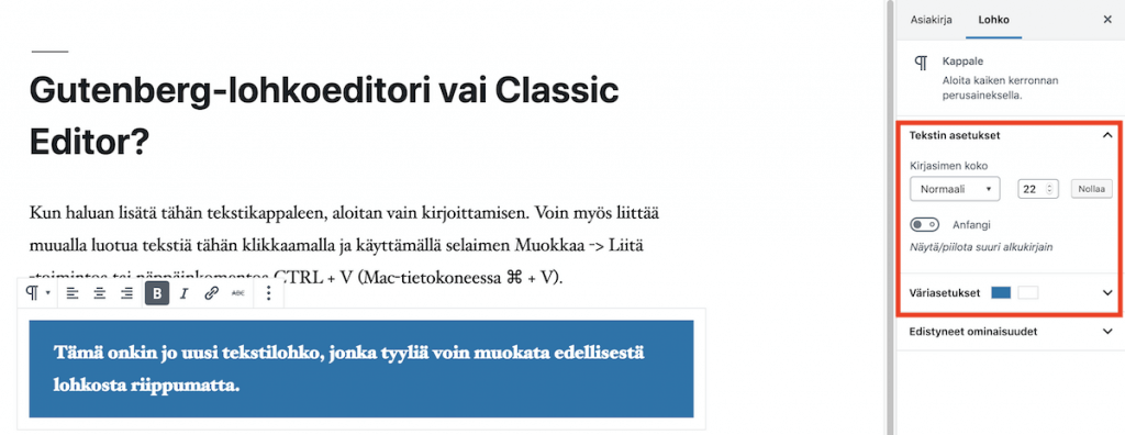 Gutenberg-editori uusi tekstilohko