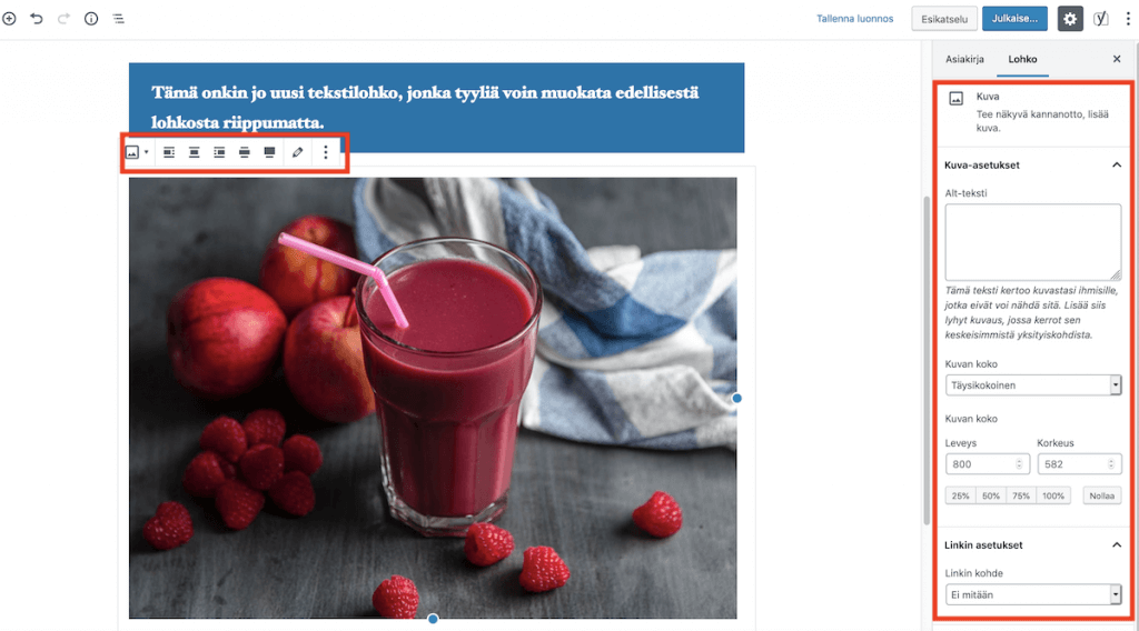 Kuvan asetukset lohkoeditorissa