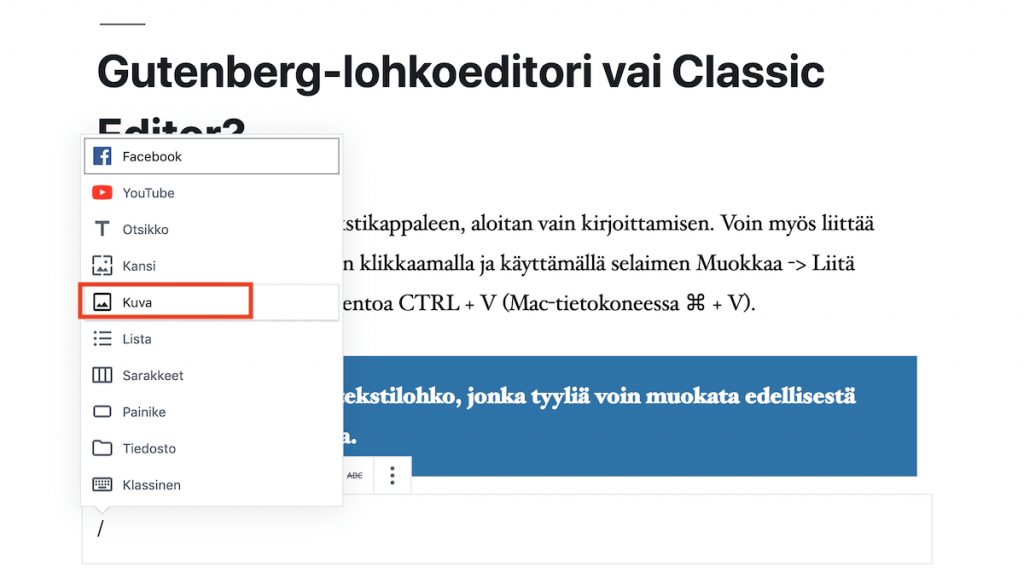 Gutenberg-lohkoeditori kuvan lisääminen