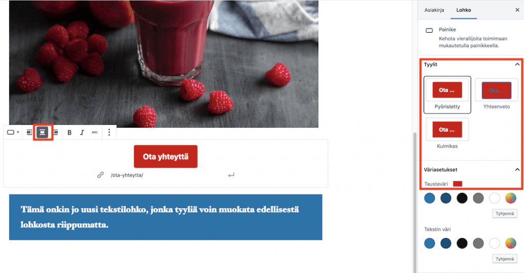 Gutenberg-lohkoeditori painikkeen muotoilu