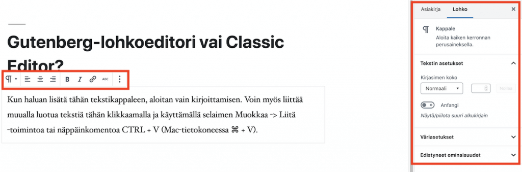 Gutenberg-lohkoeditori tekstikappaleen muotoiluasetukset
