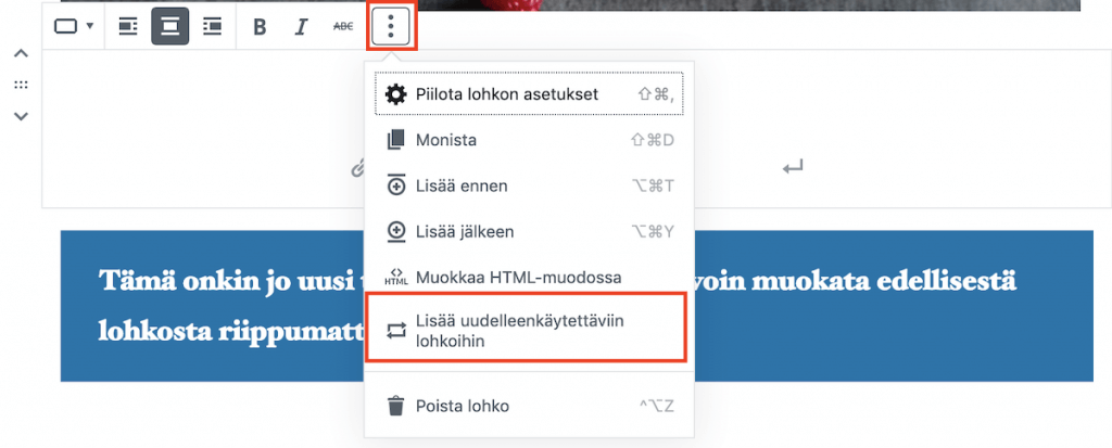 Gutenberg-lohkoeditori uudelleen-käytettävän lohkon luominen