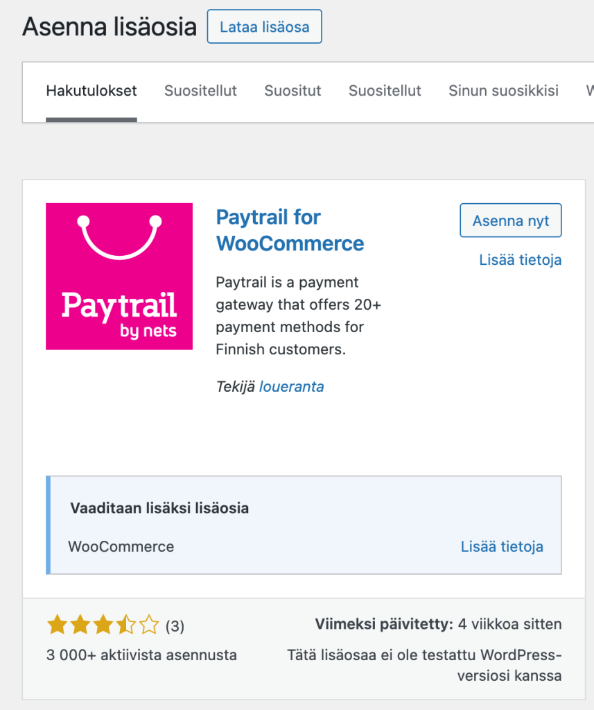 WooCommerce Paytrail-lisäosan voi asentaa WordPressin lisäosakirjastosta.
