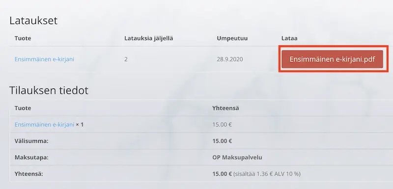 E-kirjan latauslinkki WooCommercen tilausvahvistussivulla