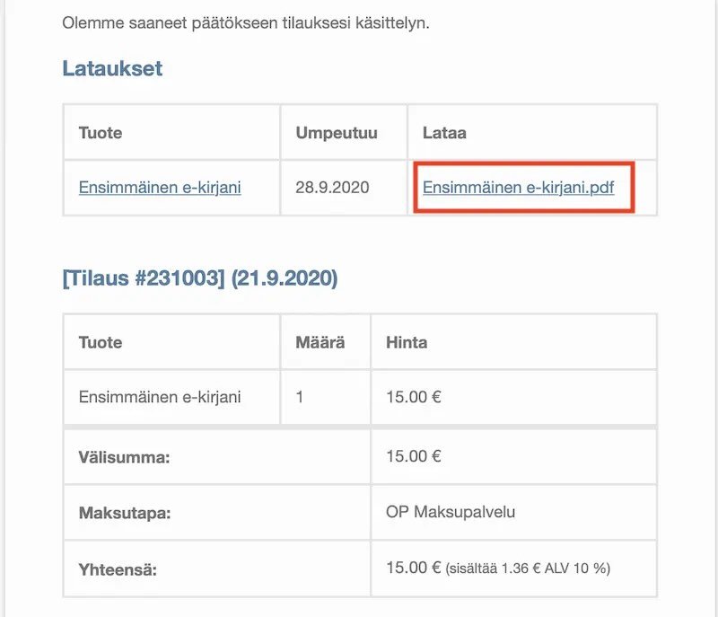 E-kirjan latauslinkki WooCommercen tilausvahvistusviestissä