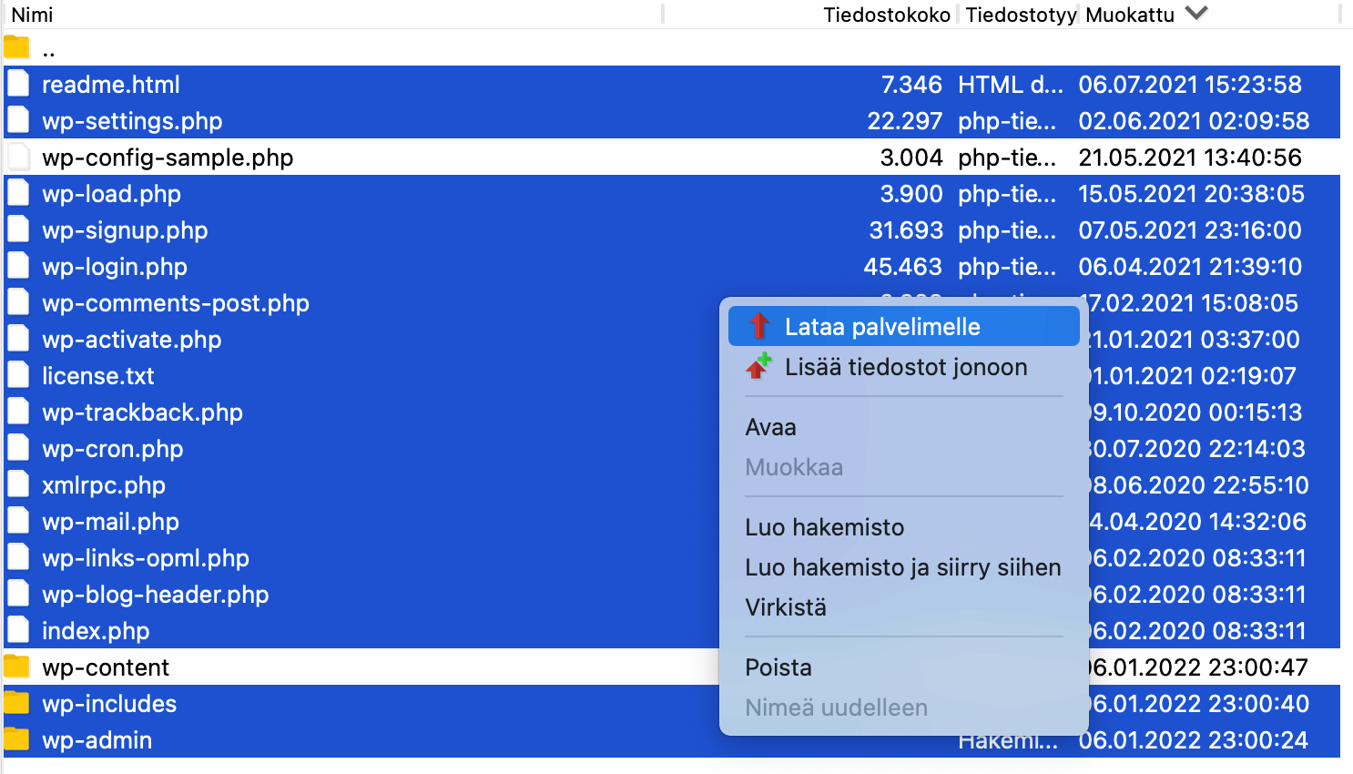 filezilla tiedostojen valinta ja lataus