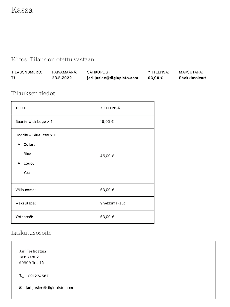 woocommerce tilaus otettu vastaan twenty twenty-two