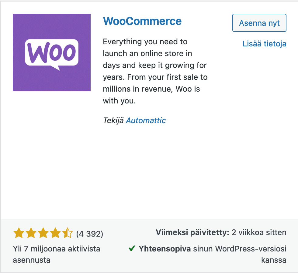 WooCommerce-lisäosa asennetaan painamalla Asenna nyt -nappia.