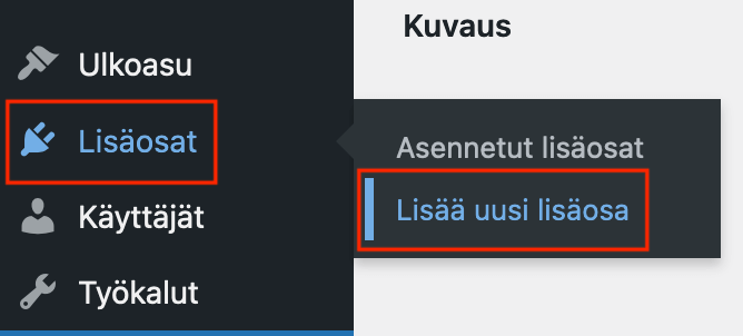WordPressin lisäosat -> Lisää uusi lisäosa