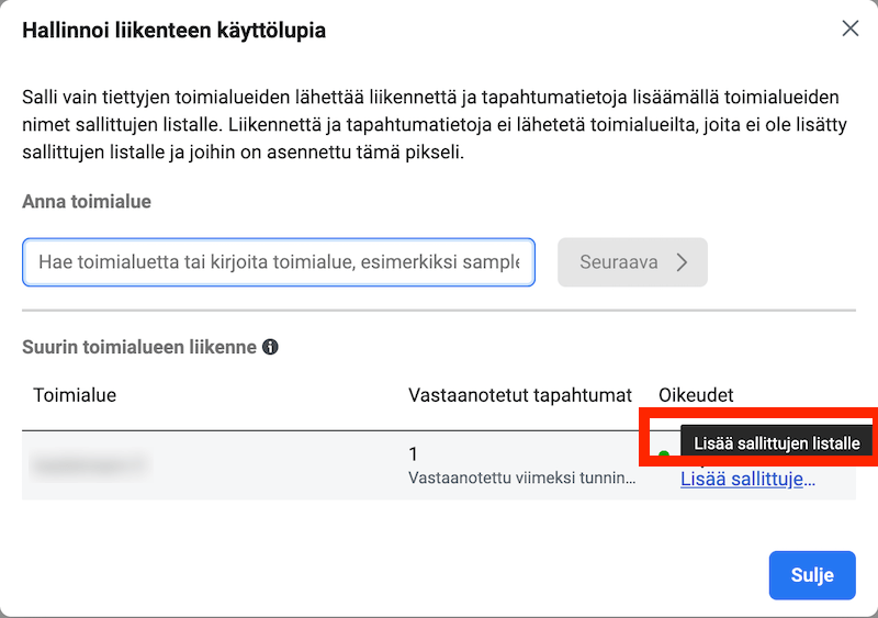 lisää toimialue sallittujen listalle
