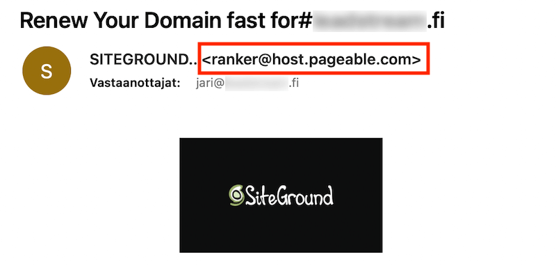 Huijausviestissä on väärä lähettäjän osoite.