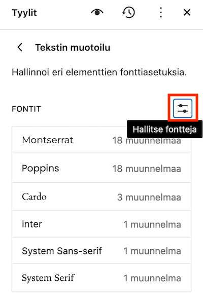 WordPress 6.5:n uusi fonttikirjasto avautuu Hallitse fontteja -linkistä.