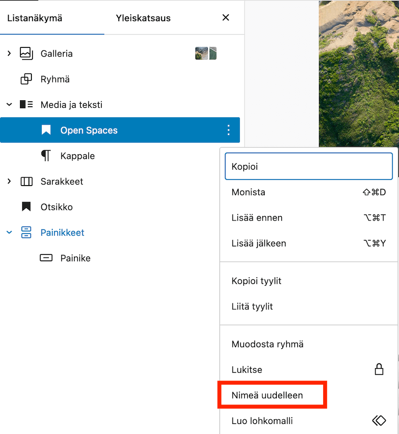 Minkä tahansa lohkon voi WordPress 6.5-versiossa nimetä uudestaan lohkoeditorin listanäkymässä.