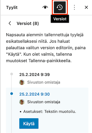 WordPress 6.5 sisältää uuden tyylien versiohistoria-toiminnon.