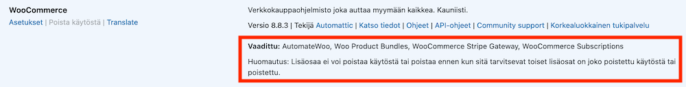 WordPressin vaaditut lisäosat - WooCommerce vaaditaan joiden lisäosien toimintaa varten