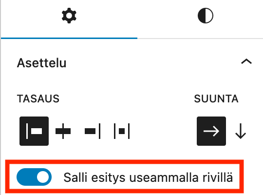 Rivi-lohkon asetus "Salli esitys useammalla rivillä"