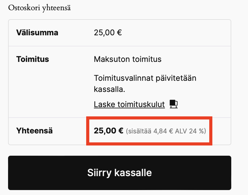 Tuotteen arvonlisävero ostoskorissa, ALV 24 %