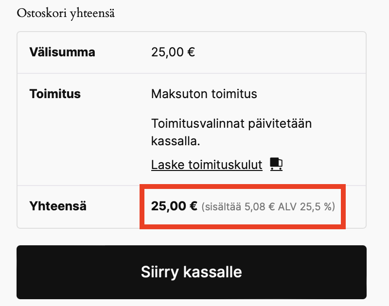 Tuotteen arvonlisävero ostoskorissa, ALV 25,5 %