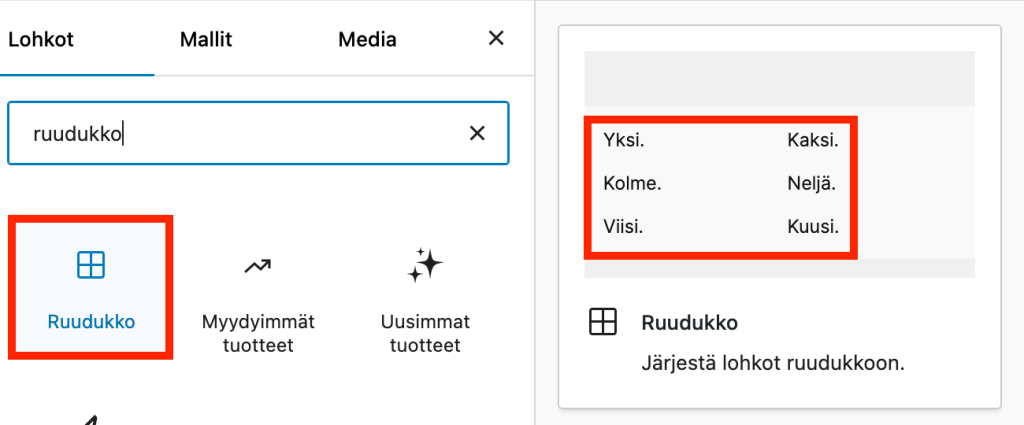 wordpress 6.6 lohkoeditorissa on ruudukko lohko