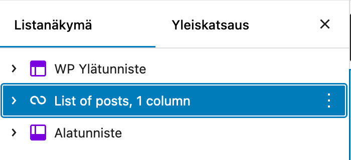 Sisältökyselyn asettelumallin oikea paikka.