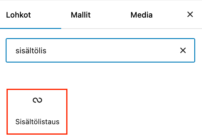 Sisältölistaus-lohkon lisääminen blogin sivupohjaan.