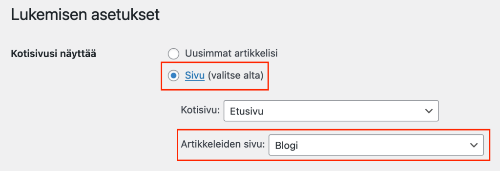 WordPress lukemisen asetukset ja blogi-sivun asettaminen artikkeleiden sivuksi
