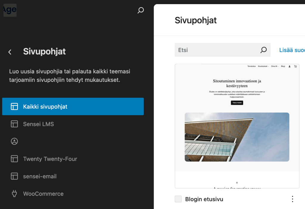 Blogin sivupohjan muokkaaminen WordPressin sivustoeditorissa.