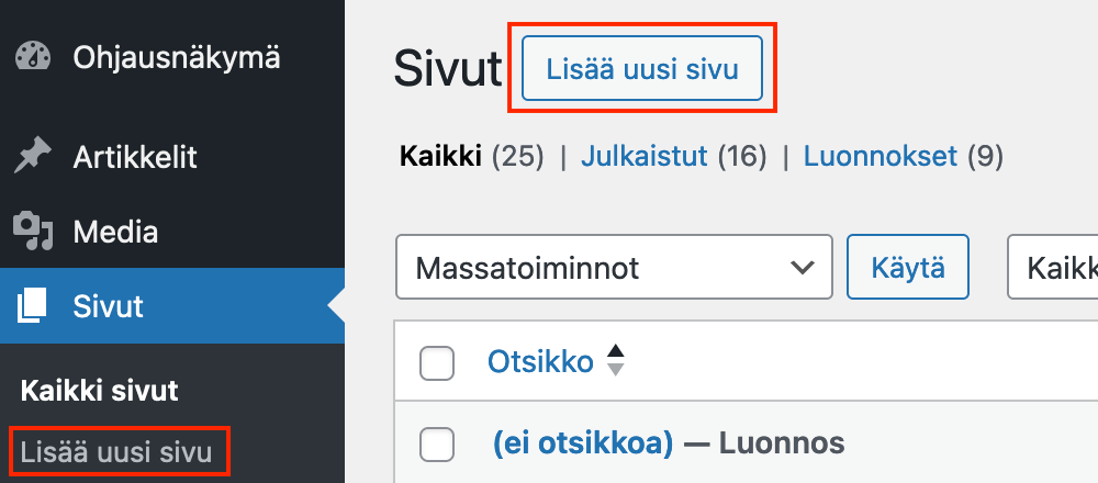 WordPress Lisää uusi sivu