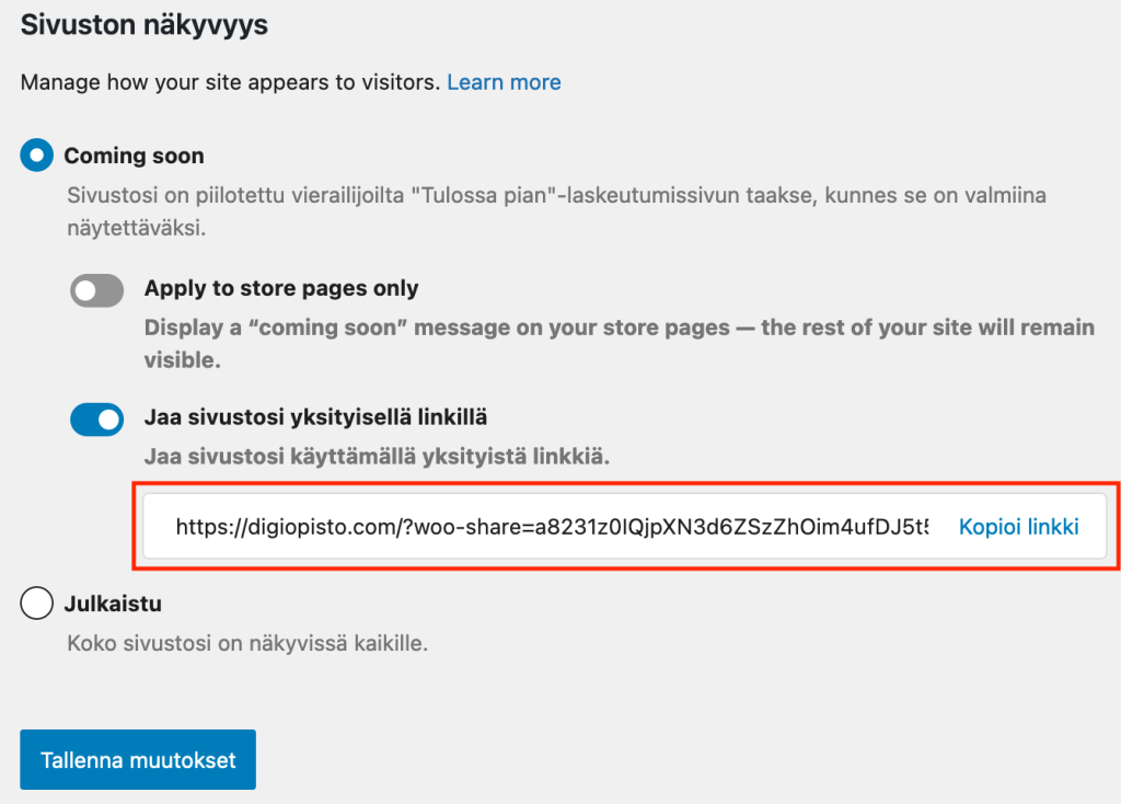 WooCommerce coming soon - jaa sivustosi yksityisellä linkillä