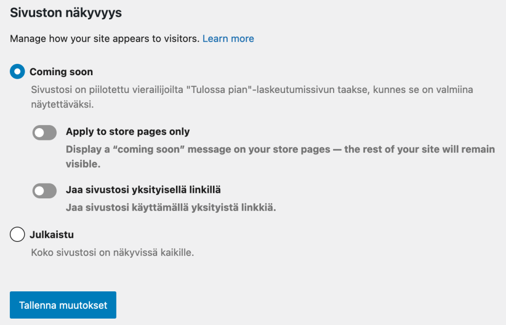 Sivuston näkyvyyden hallinta: WooCommercen Coming soon -näkyvyysasetus
