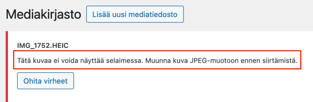 HEIC-kuvan lataaminen WordPress 6.6-versiossa ei onnistu
