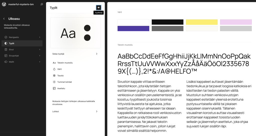 wordpress 6.8 tyylikirja avattuna