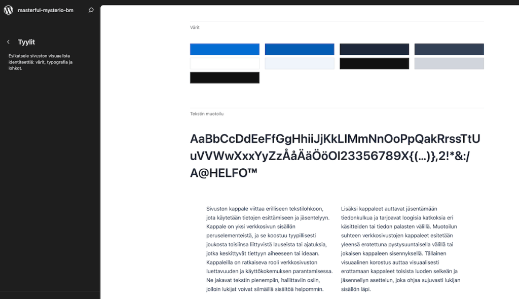 WordPress 6.8 tyylikirja ei-lohkoteeman yhteydessä (Astra)