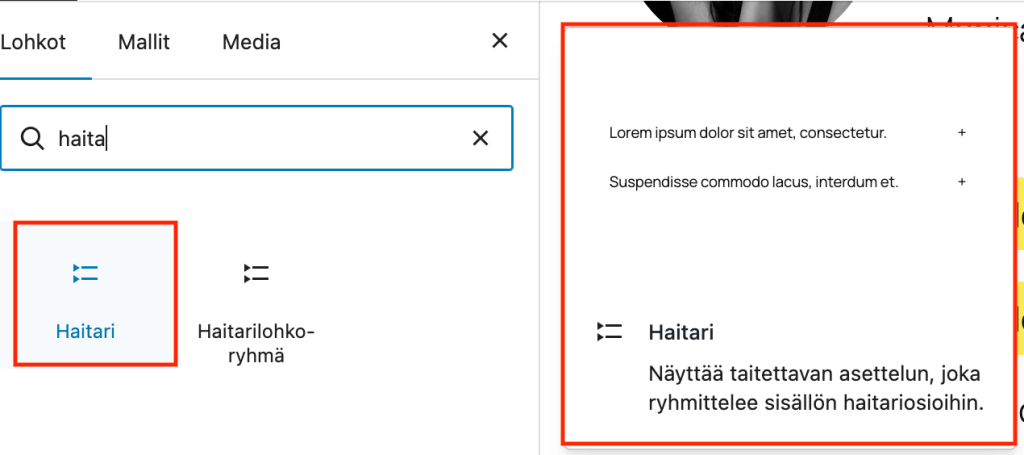 WordPress 6.9 haitari-lohko