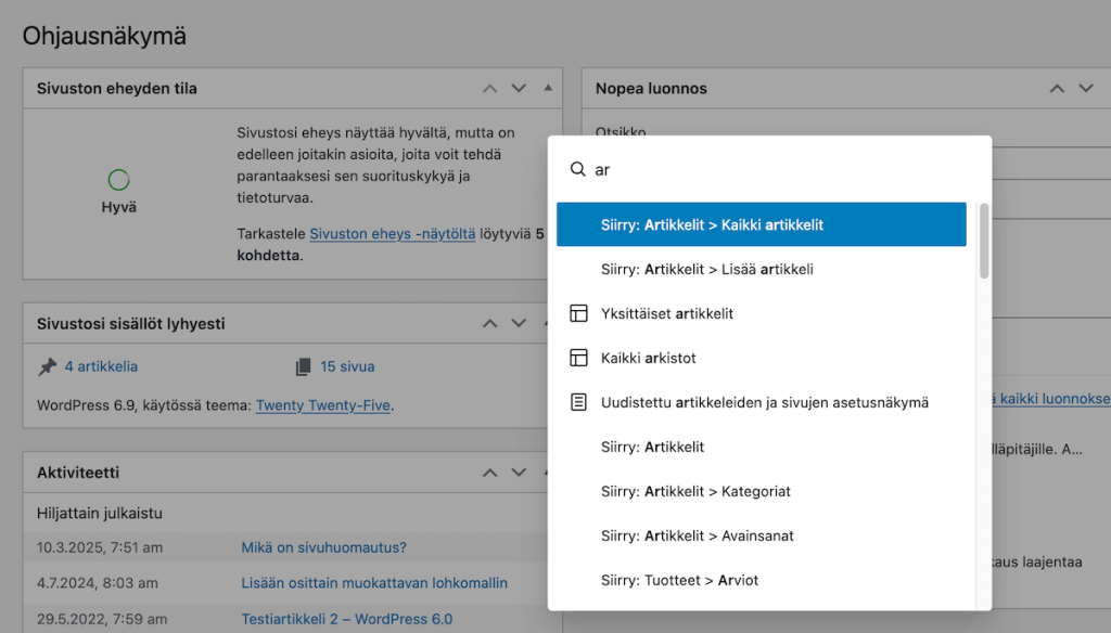 WordPress 6.9 - komentopaletti avautuu nyt kaikkialla