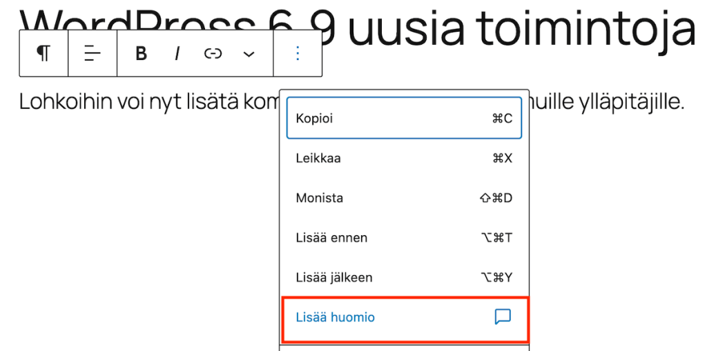 WordPress 6.9 - lohkojen kommentointi