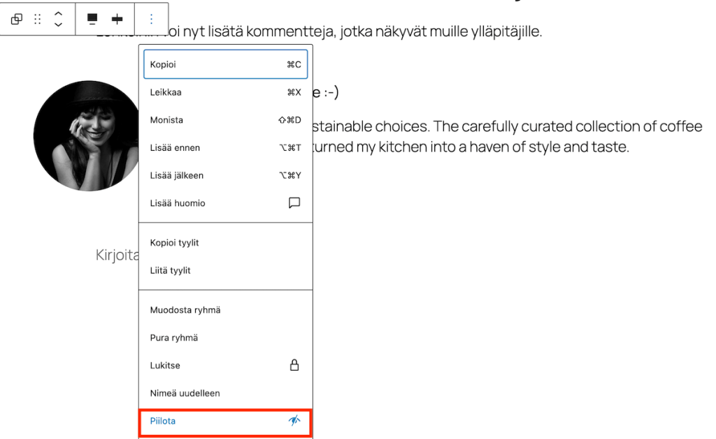 WordPress 6.9 lohkon piilotus