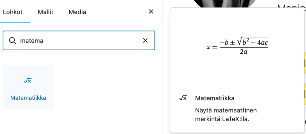 WordPress 6.9 matematiikka-lohko