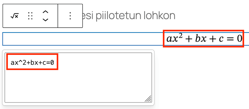 Matemaattisen kaavan lisääminen sisältöön Matematiikka-lohkon avulla