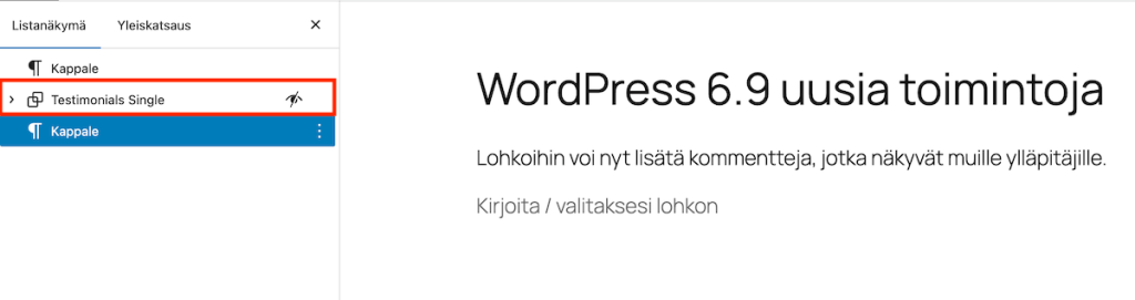 wordpress 6.9 piilotetun lohkon palautus näkyviin