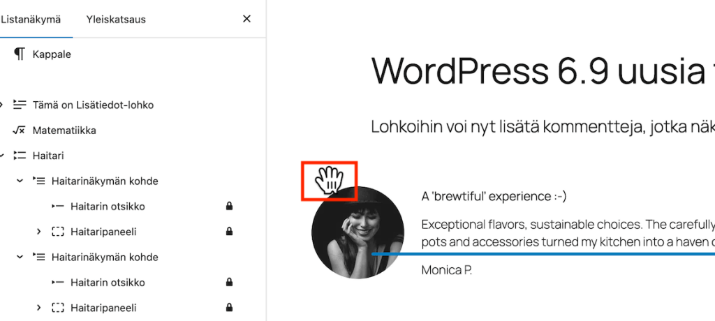 WordPress 6.9 raahaa ja pudota -siirto