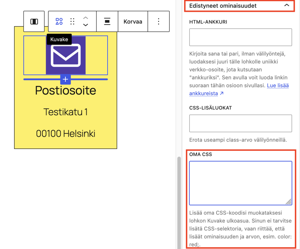WordPress 7.0 oma CSS -asetus löytyy lohkon Edistyneet ominaisuudet -osiosta