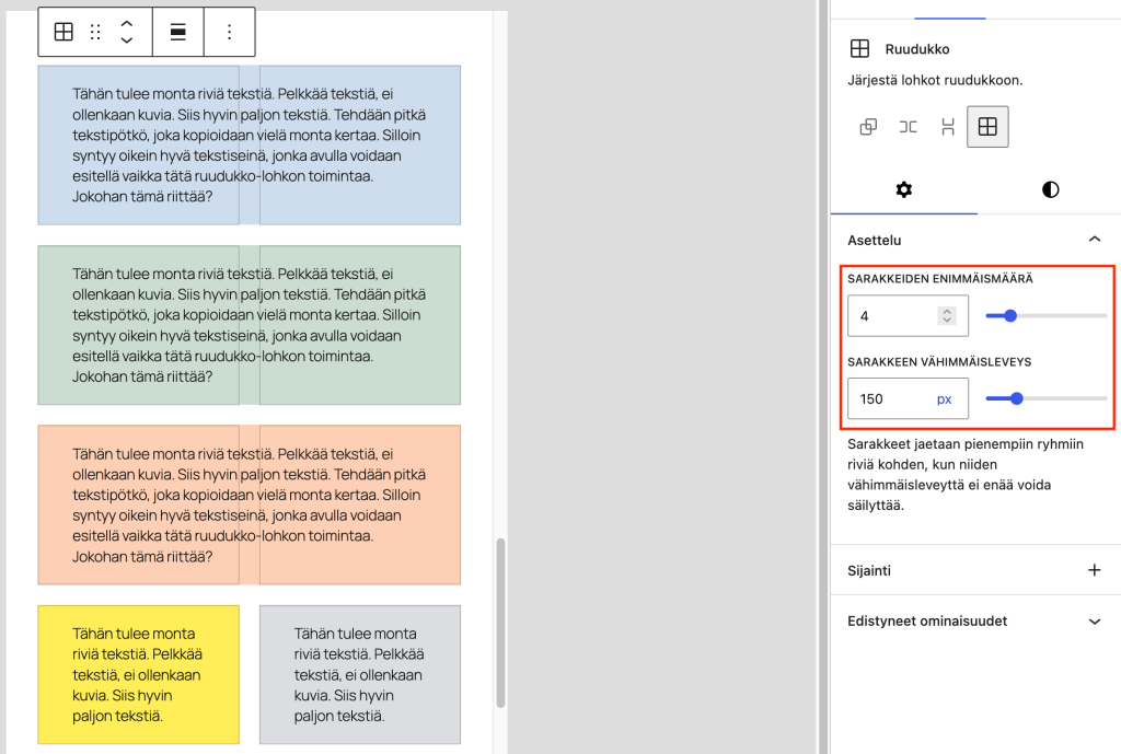 WordPress 7.0 uusi Ruudukko-lohkon asettelun hallinta