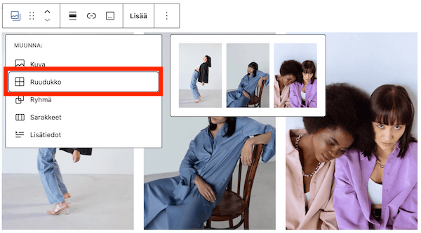 WordPress 7.1 gallerian muuntaminen ruudukoksi