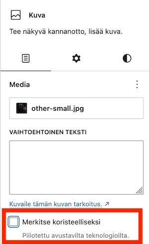 WordPress 7.1 merkitse kuva koristeelliseksi