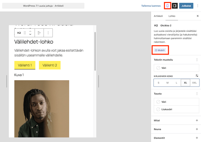 WordPress 7.1 lohkon tyylien muokkaus mobiililaitteita varten