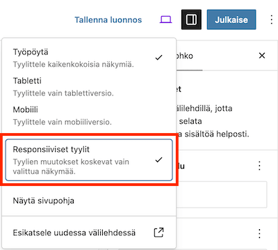 WordPress 7.1 lohkon responsiiviset tyylit
