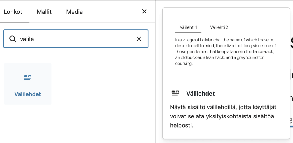 WordPress 7.1 uusi Välilehdet-sisältölohko